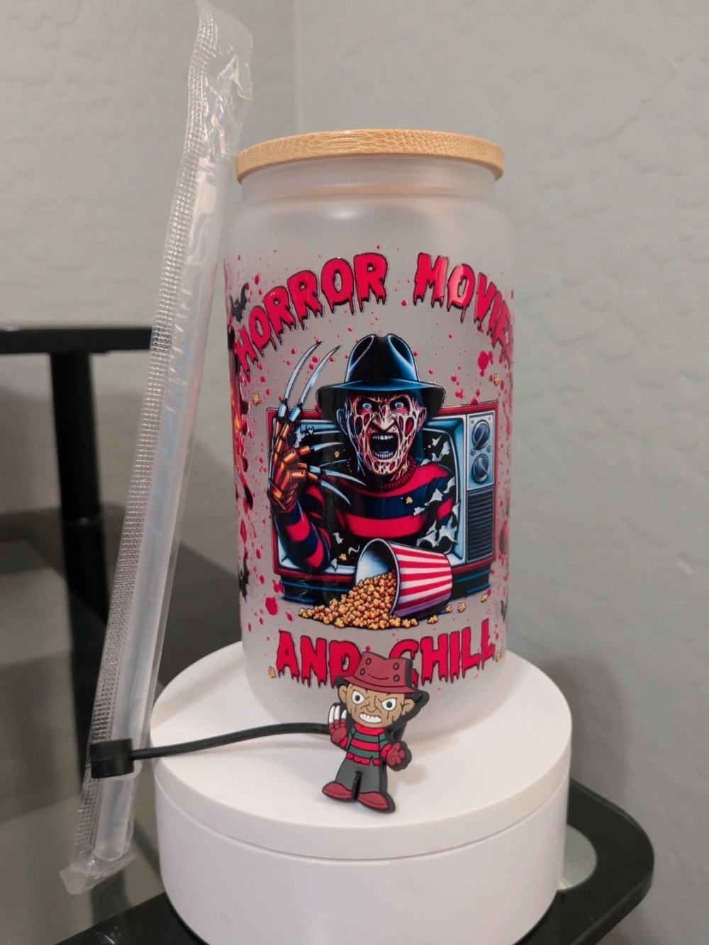 Horror Movie And Chill Frosted Tumbler with Bamboo Lid - Grey